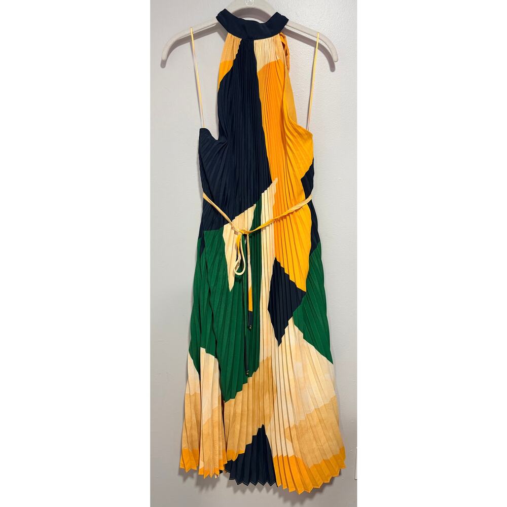 Dress Forum Pleated Midi Dress in Navy, Green, Yellow, Cream